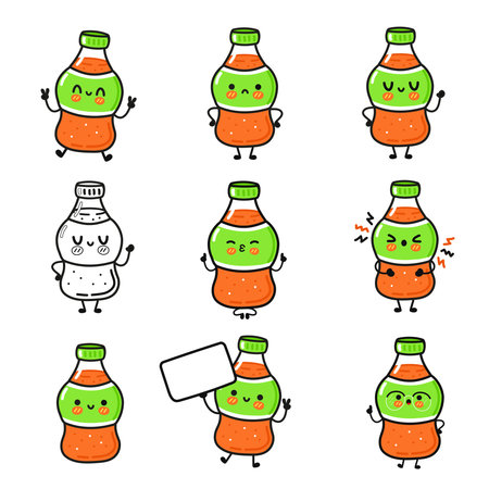 A cartoon illustration showcases various adorable soda bottle characters with different expressions, each conveying a unique emotion.のイラスト素材