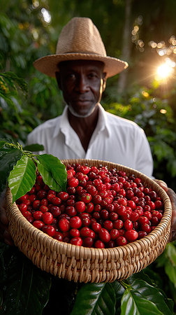 An African farmer proudly presents a basket brimming with ripe coffee cherries during a sunlit harvest in celebration of International Coffee Day.の素材