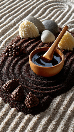 A visually appealing still life composition celebrates coffee, featuring beans, chocolate, and other artistic elements.の素材