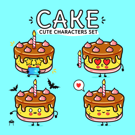 Cute cartoon cakes set against a light blue background. The cakes have adorable faces and decorations.のイラスト素材