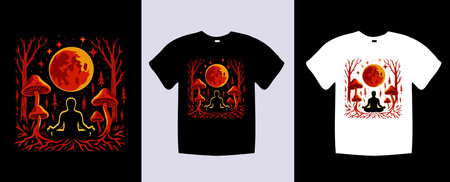 A striking t-shirt design featuring a meditating figure surrounded by mushrooms and a full moon, perfect for those seeking a unique and spiritual aesthetic.のイラスト素材