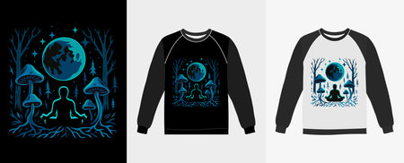 Illustration of a meditating figure under a glowing moon surrounded by mushrooms, perfect for t-shirts and apparel.のイラスト素材