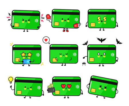 A collection of cute, cartoon credit cards with different expressions and accessories, ideal for financial, shopping, or payment-related visuals.のイラスト素材
