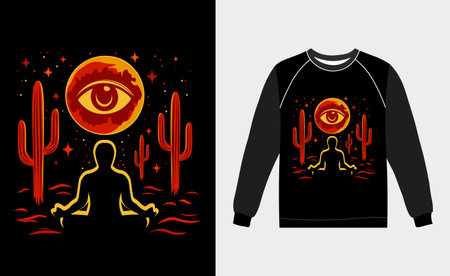 An illustration featuring a meditating figure beneath an eye-shaped moon, surrounded by desert cacti, stars, and a symbolic design.のイラスト素材