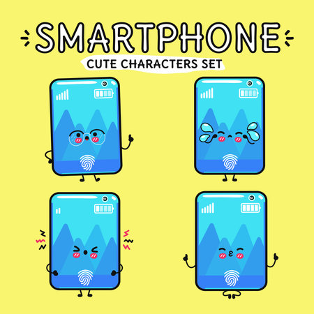 A set of four cute cartoon smartphones, each with different facial expressions, set against a bright yellow background.のイラスト素材