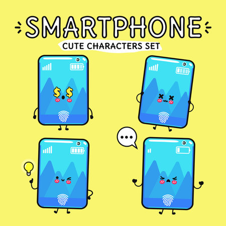 A cute smartphone character set featuring different emoticons on a yellow background. It is suitable for use in technology-related projects and social media.のイラスト素材