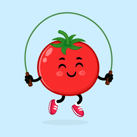 A cheerful cartoon tomato enjoys a jump rope session, promoting healthy eating and fun fitness with a bright, inviting style.のイラスト素材
