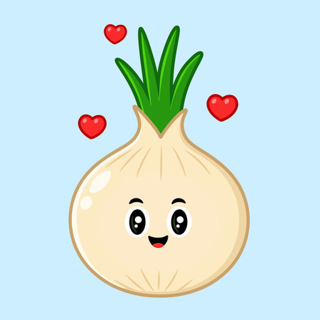 Adorable cartoon onion with a happy face and floating hearts on a light blue background.のイラスト素材