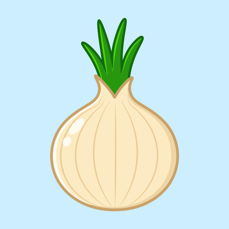 A cartoon depiction of a white onion with green shoots against a light blue background, perfect for illustrating recipes or representing fresh produce.のイラスト素材