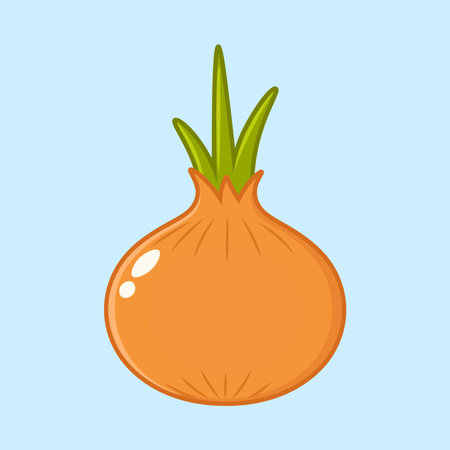 A vibrant illustration of a cartoon onion with green sprouts, set against a light blue background, perfect for food or garden-themed projects.のイラスト素材