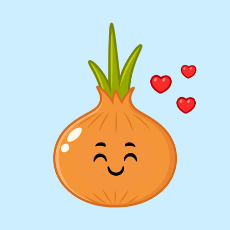 Adorable cartoon onion with a happy face and floating hearts on a light blue background.のイラスト素材