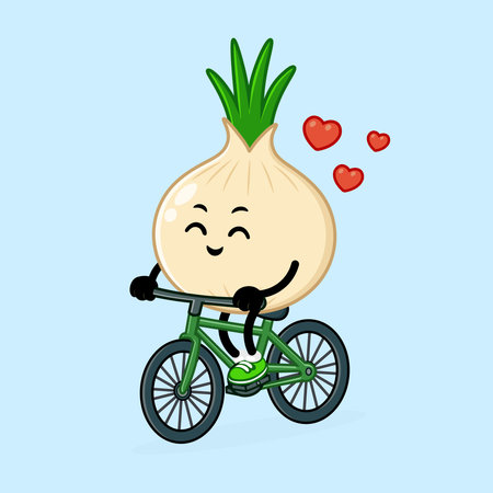 A whimsical illustration features a cheerful onion character riding a bicycle, with hearts floating around it, conveying feelings of love and joy.のイラスト素材
