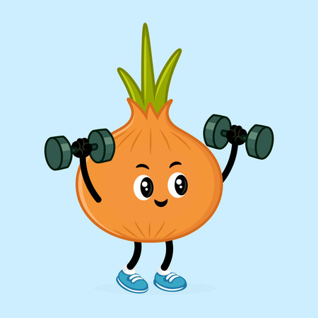 A charming cartoon onion is working out with dumbbells, embodying fitness and health in a fun and vibrant illustration on a light blue background.のイラスト素材