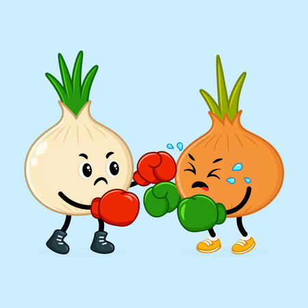 An illustration of two cartoon onions boxing, one with white skin and red gloves, the other with brown skin and green gloves.のイラスト素材
