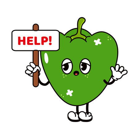 A cute green pepper cartoon character is holding a sign that says help. The pepper seems to be in distress, possibly needing assistance.のイラスト素材
