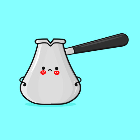 A kawaii cartoon illustration featuring a cute coffee pot with a face, on a vibrant blue background. This charming design is perfect for various creative projects.のイラスト素材