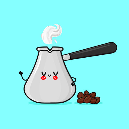 A charming cartoon coffee pot with steam and a happy face, accompanied by coffee beans, set against a bright blue background.のイラスト素材