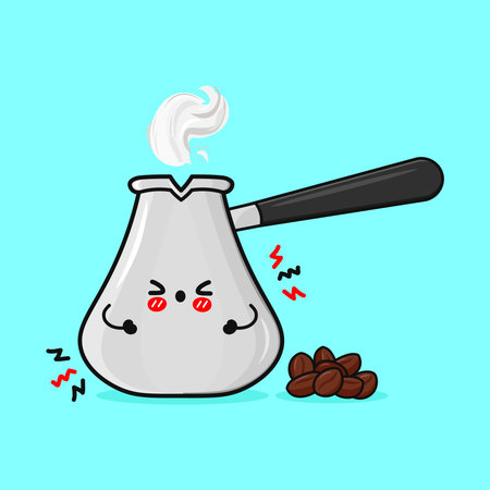An adorable cartoon coffee pot is steaming with a happy face, with coffee beans beside it, all set against a bright blue backdrop.のイラスト素材