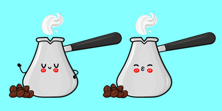 An illustration of two adorable coffee pots with expressive kawaii faces and coffee beans on a light blue background.のイラスト素材