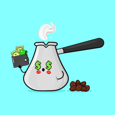 A charming cartoon coffee pot character with dollar sign eyes happily holding a wallet, representing coffee-related financial success.のイラスト素材