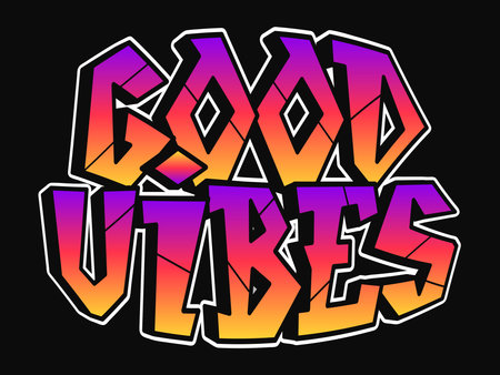 Vibrant graffiti art spells out Good Vibes in bold, colorful letters against a black backdrop.のイラスト素材