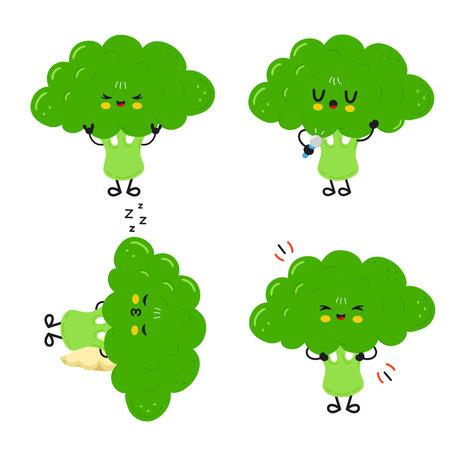 Four cartoon broccoli characters show different moods, including joy, sleep, singing, and surprise. The adorable illustrations feature expressive faces.のイラスト素材