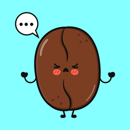 A cute cartoon coffee bean with an angry expression and a speech bubble, set against a bright blue background.のイラスト素材