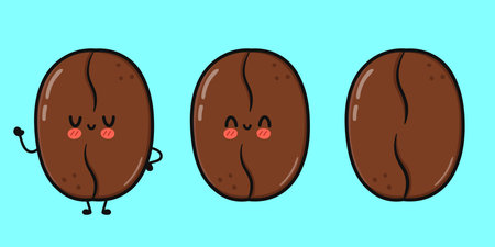 Three adorable coffee beans with smiling faces are displayed against a bright blue backdrop, perfect for coffee lovers.のイラスト素材