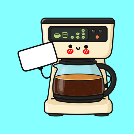 Coffee maker cartoon character holding a blank white sign. Kawaii style illustration presenting a message on a blue backgroundのイラスト素材
