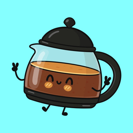 Cute happy coffee pot character illustration on a blue background, offering good morning vibes and a peace gestureのイラスト素材
