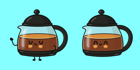 Happy kawaii coffee pot character with a friendly expression holding a full pot of fresh brew on a light blue backgroundのイラスト素材