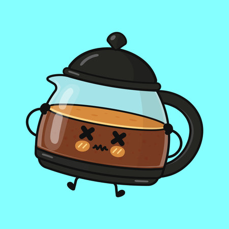 Coffee pot character with crossed eyes and wavy mouth showing sickness and dizziness on a simple blue background, cute kawaii styleのイラスト素材
