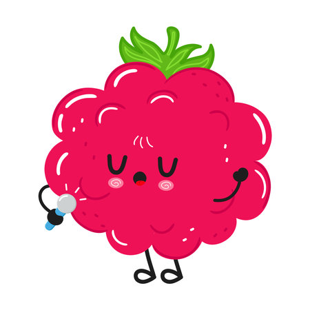 Cute raspberry cartoon character holding a microphone and singing. Happy berry mascots concept for food, music, and kawaii designのイラスト素材
