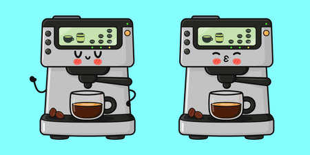 Cute espresso machine character with coffee cup and beans, showing different happy and kissing expressionsのイラスト素材