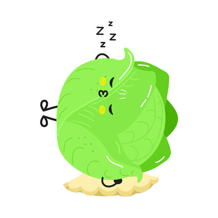 Cute cartoon cabbage mascot sleeping soundly on a pillow. Green vegetable character resting, showing exhaustion and relaxationのイラスト素材