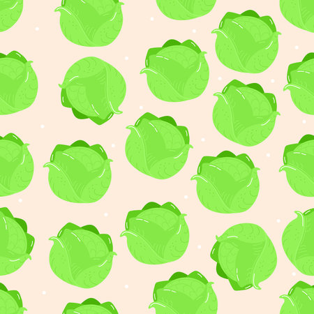 Cabbage heads in a seamless cute cartoon pattern on light background with white dots fresh green vegetable print for textiles and wallpaperのイラスト素材