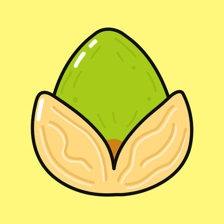 Pistachio nut showing green seed inside a cracked shell. Cute cartoon style illustration on a yellow backgroundのイラスト素材