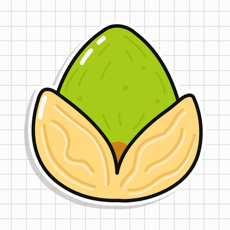 Pistachio nut with green kernel and opened shell as a cute isolated cartoon sticker on a grid backgroundのイラスト素材