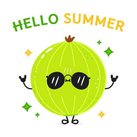 Gooseberry fruit character wearing eyeglasses and making rock gestures, celebrating the arrival of summer seasonのイラスト素材