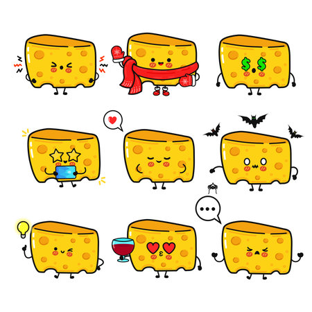 Cute kawaii cheese mascot emoji set showing a tasty wedge expressing love, anger, joy, sadness, sickness, surprise, ideas and more playful cartoon food character collectionのイラスト素材