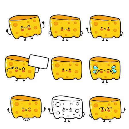 Cheese block characters showing various feelings and actions, including happy, sad, angry, surprised, giving peace sign, holding a blank sign, and an outline versionのイラスト素材
