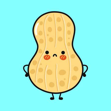 Cute anthropomorphic peanut character standing on blue background, looking sad with a frown, rosy cheeks and tiny black arms and legs adorable kawaii snack mascot illustrationのイラスト素材
