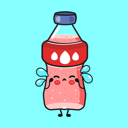 Cute pink soda bottle character with a frowning face on a bright blue background, shedding big blue tears and looking sad, lonely and adorable in a kawaii cartoon styleのイラスト素材