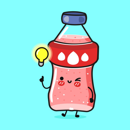 Cute cartoon beverage bottle character winking and presenting a bright light bulb, symbolizing creativity, inspiration, and a new idea in a charming, playful styleのイラスト素材