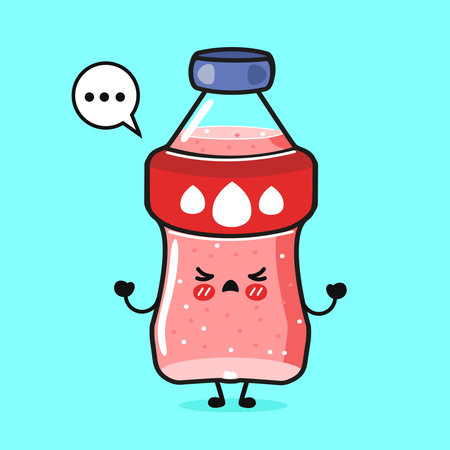 Angry pink soda bottle character standing on a light blue background, expressing frustration and dissatisfaction with a speech bubble showing three dots, suggesting irritationのイラスト素材