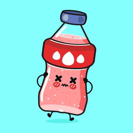 Cute cartoon strawberry milk bottle character showing a tired or sick face with X shaped eyes, symbolizing being unwell or drained, isolated against a bright blue backgroundのイラスト素材