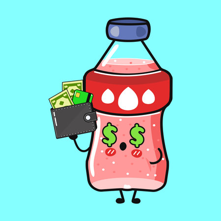 Cute cartoon soda bottle character with dollar sign eyes holding a wallet overflowing with cash and a credit card, symbolizing luxury, wealth, and the high cost of goodsのイラスト素材
