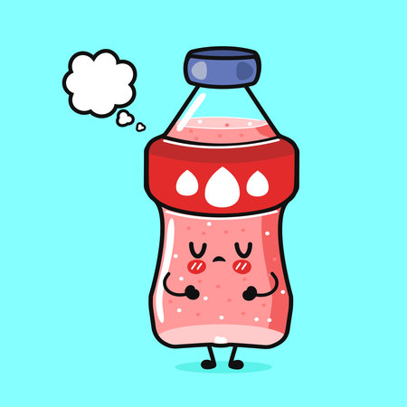Cute soda bottle character standing on a light blue background, looking thoughtful with a sad expression and a blank speech bubble, representing ideas, uncertainty, or introspectionのイラスト素材