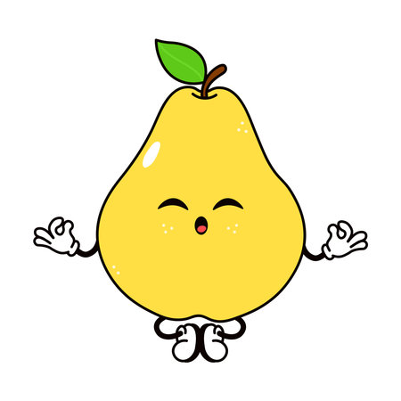 Yellow cartoon pear character happily meditating in a lotus yoga pose, promoting concepts of mindfulness, zen, relaxation, wellness, and healthy lifestyleのイラスト素材