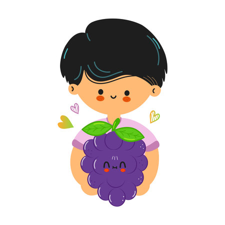 Cute boy holding a smiling kawaii grape character, surrounded by floating hearts on a clean white background, celebrating healthy, fun and delicious fruit loving childhoodのイラスト素材
